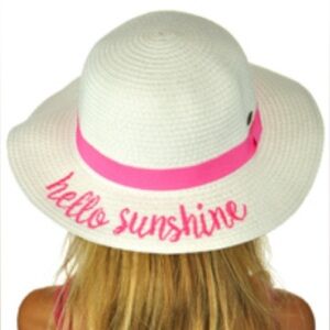 C.C. Kids Girls white and pink floppy straw embroidered beach hat, UPF50+, NWT